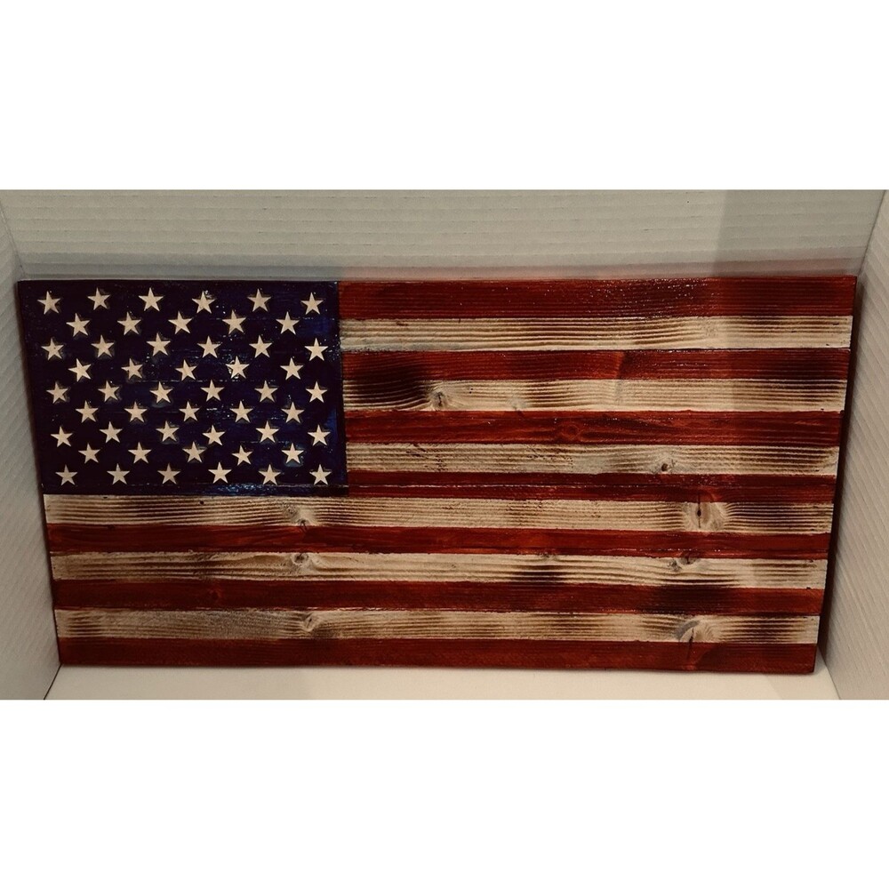 Handmade Wooden American Flag - stressed burnt wood 9"x18" indoor/covered porch
